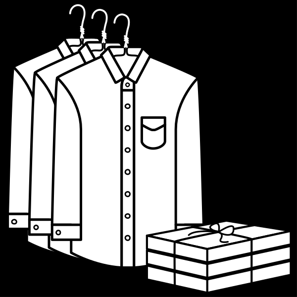 The black and white illustration shows a shirt hanging on hangers with price tags attached to it next to an open box that appears to contain more shirts for sale.
