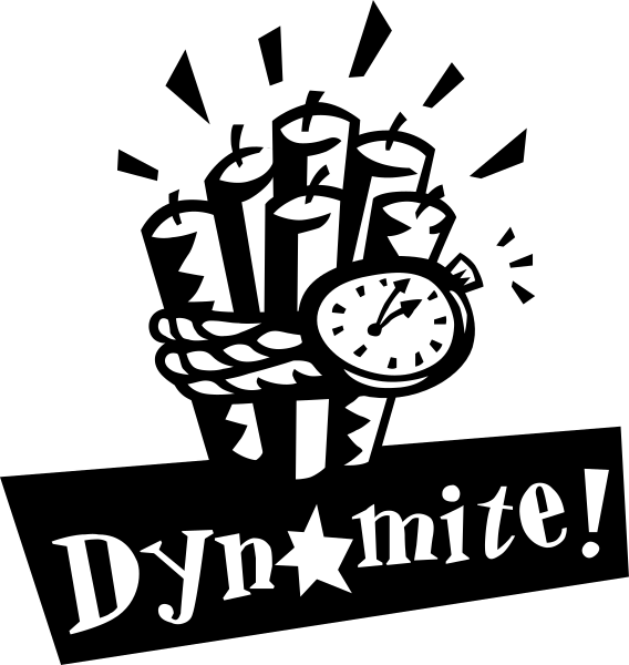 The black and white logo features a graphic of an exploding dynamite stick with fuses lit on top, accompanied by text that reads "DYNAMITE!"