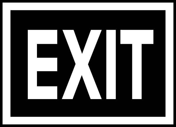 The image shows a black and white pixelated graphic of an exit sign with text that reads "EXIT" on it.