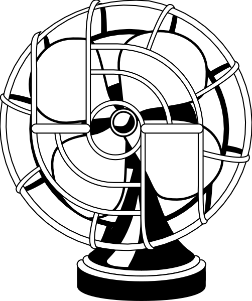 The black and white illustration shows a fan with blades that have been cut out to create an open-work design in its center.