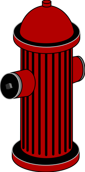 The image shows a red fire hydrant with two nozzles on top of it against a black background.