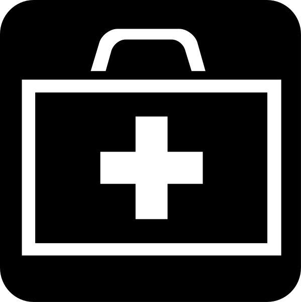 The image shows a black and white icon of an emergency medical kit with a cross symbol on it inside what appears to be a briefcase handle design.