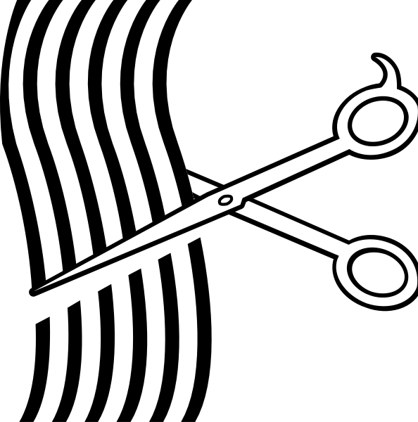 The black and white logo features a pair of scissors with open blades cutting through what appears to be fabric or paper in an abstract design that resembles waves or lines.