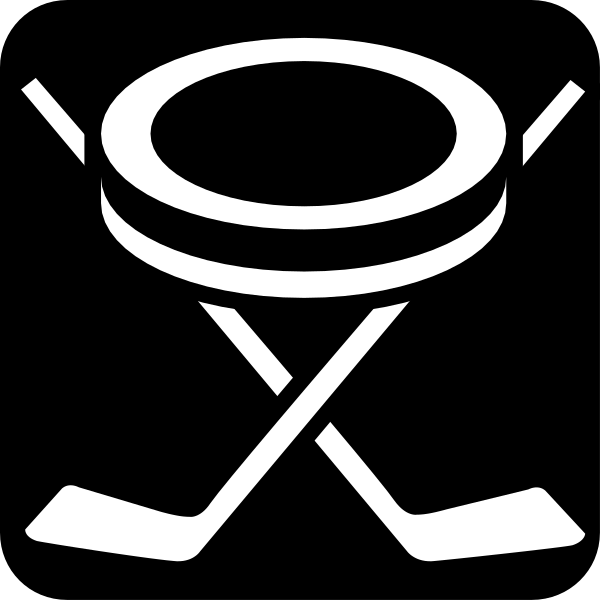 The logo features a hockey stick with two crossed blades forming an 'x' shape above it is a black silhouette of a person holding a golf club in their right hand while standing on one leg to the left, wearing shorts and no shirt; below them is a small white circle containing three dots.