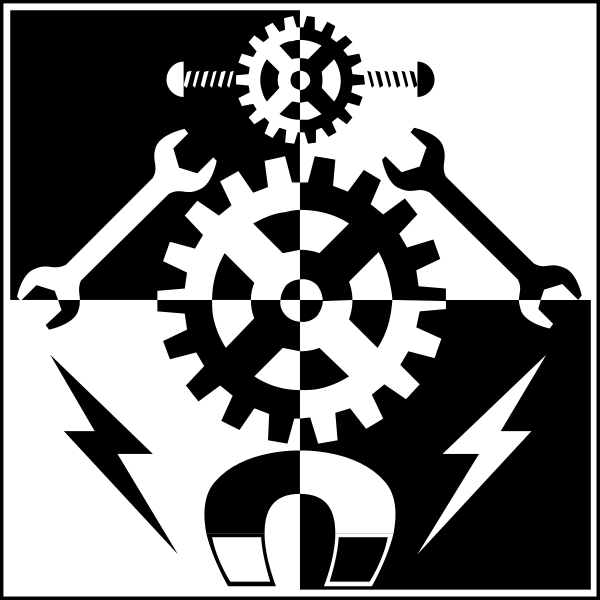 The black and white illustration features a stylized depiction of gears with human hands holding them together at their center; there is also an image within this central gear that resembles a lightning bolt, suggesting electricity or power.