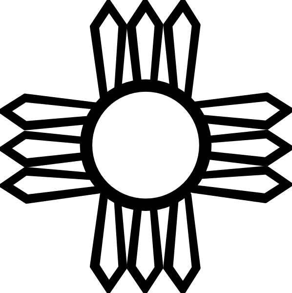 The image shows a black and white logo with an emblem that resembles a sun on top of rays extending outward from it in all directions.