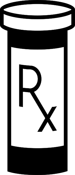 The image shows a black and white pill bottle with "RX" written on it next to an icon of pills.