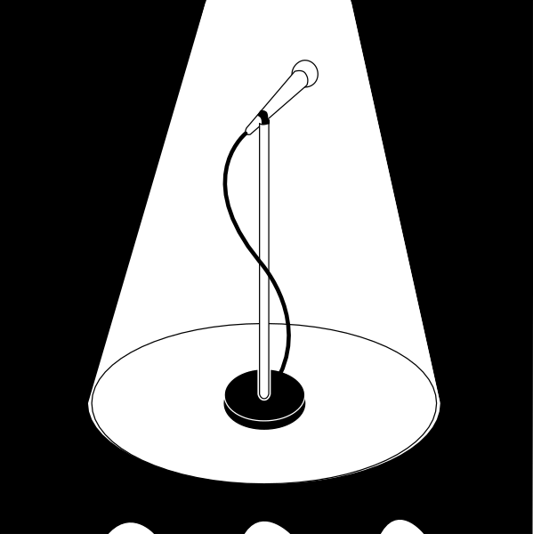 The black and white illustration shows a stage spotlight with an attached microphone on top of it inside what appears to be a circular podium.