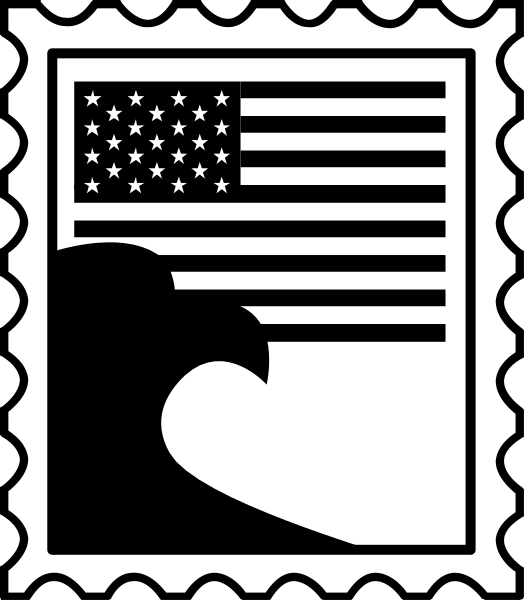 The stamp features a black eagle on top of an American flag with stars above it; below is a wave design that resembles water waves in white against a dark background.