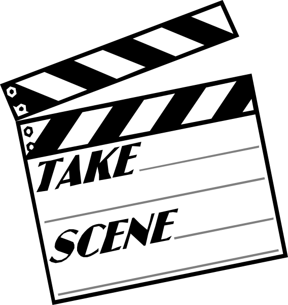 The image shows a black film clapperboard with white text that reads "TAKE SCENE."