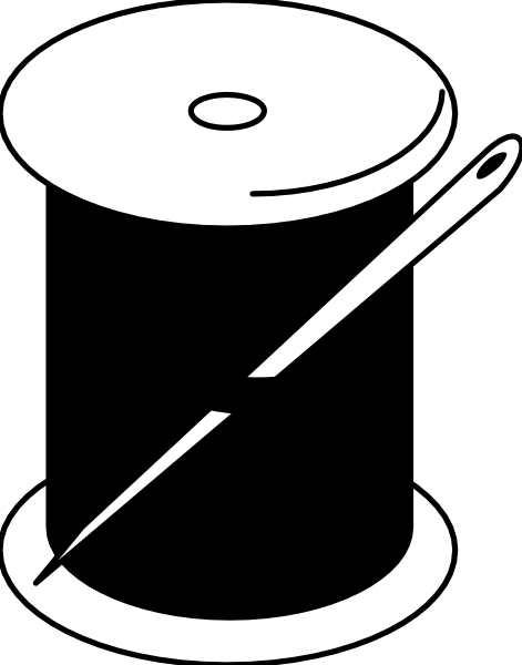 The black and white logo features a spool of thread with two needles on either side atop it, symbolizing sewing equipment.