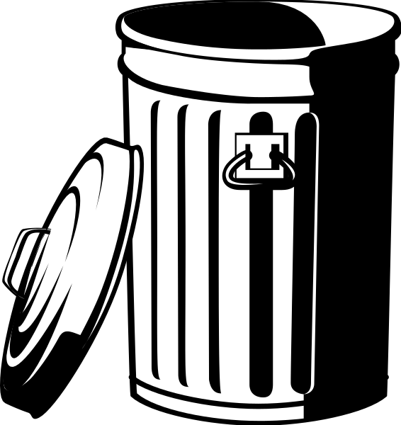 The black and white illustration shows a trash can with an open lid next to it is a recycling bin labeled "RECYCLING" on top of which rests another closed garbage pail marked by a lock symbol, suggesting restricted access; both bins have handles for carrying or emptying.