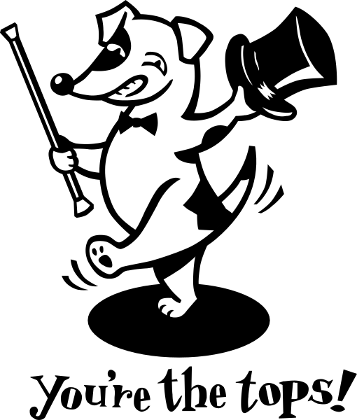The black and white silhouette of a cartoon dog holding an umbrella while standing on its hind legs with front paws raised in the air as if dancing.