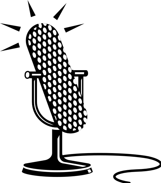 The black and white silhouette of a microphone with dots representing sound waves on it against a dark background.
