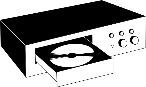 The black and white illustration shows a record player with an album on top of it placed against a dark background.