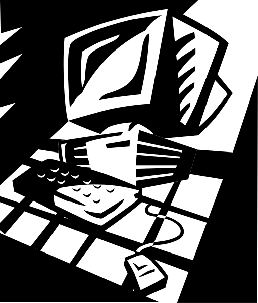 The black and white illustration depicts a computer mouse on top of what appears to be an old CRT monitor with a keyboard in front of it next to some papers that have been neatly stacked up, all set against a checkered pattern background which could represent a table or desk surface.