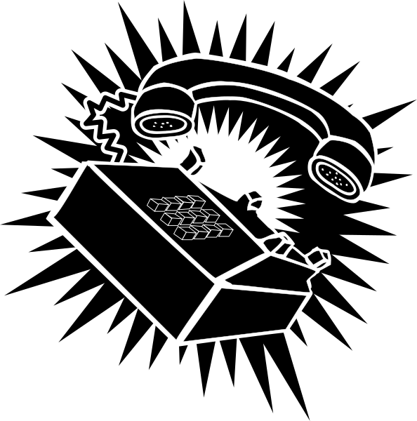 The black and white illustration shows a telephone with an antenna on top next to what appears to be a small explosion graphic in front of it.