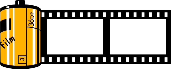 The image shows a black and white film strip with two orange clips on it against a gray background.