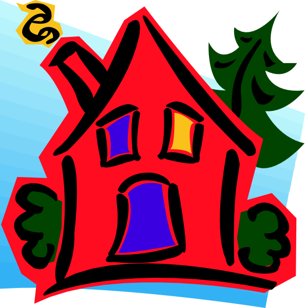 The image shows a cartoon depiction of two houses with trees behind them; there is no text present within this small clip-art illustration.