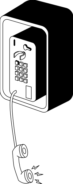 The image shows a black and white photo of an old payphone with buttons on it placed next to another phone that is connected by cord in what appears to be a dark room.