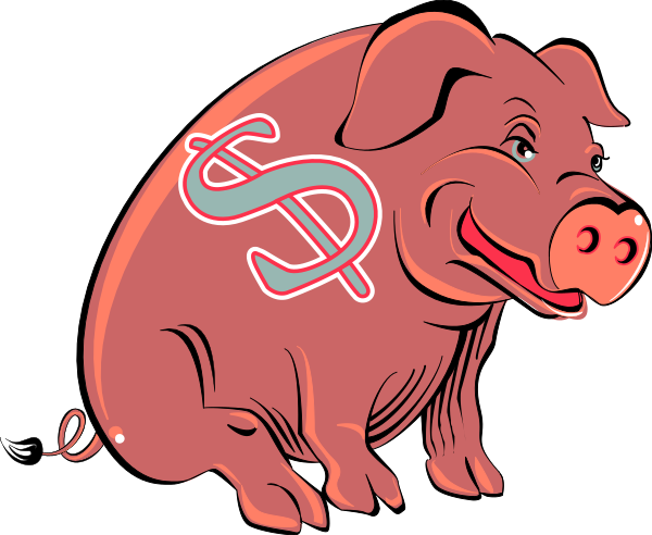 The illustration features a cartoon pig with an exaggeratedly large body that is pinkish red; it has two small ears on top of its head, one eye visible above each ear, and a snout filled with teeth showing through gaps in what appears to be lips or gums. On the side of this animal's torso there are three numbers "10" followed by an equal sign then "$25," suggesting that it is associated with money; next to these figures is a dollar symbol, and above them all is another number "3." The pig has two small t