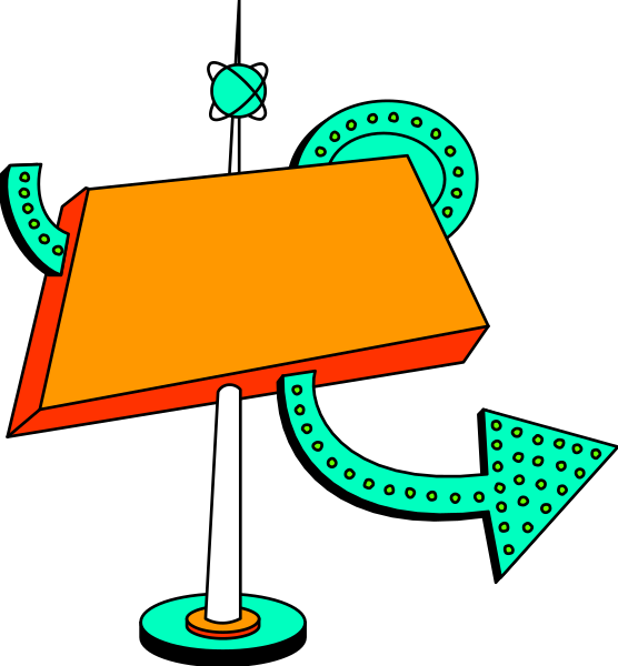 The illustration shows a stylized orange sign with an arrow pointing to it from above on what appears to be a dark background; there is also a small circular object resembling a light bulb near the bottom of the image, and in the top right corner, two dots connected by lines suggest motion or direction.
