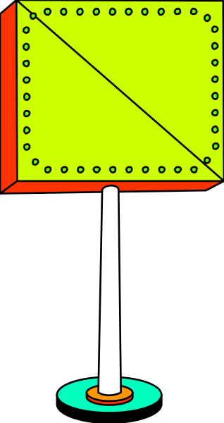 The image shows a yellow sign with black text on it attached to an object that resembles a pole sticking out of what appears to be darkness in front of a gray background.