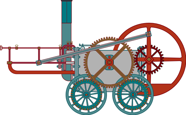The image shows a cartoon illustration of an old steam locomotive with gears inside it on wheels, suggesting motion.