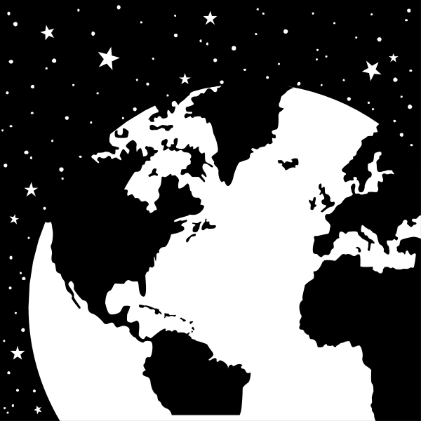 The black and white illustration shows a stylized globe with landmasses outlined against a starry sky background at nighttime.