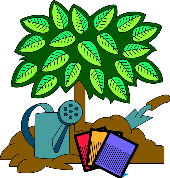 The image shows a cartoon of an outdoor scene with various items: there's a tree on top left corner filled with green leaves; to its right is a watering can next to two books lying flat, and below them appears to be some sort of tool or equipment that looks like it could belong in the kitchen. On bottom left side, we see an open umbrella partially visible behind what seems to be a plant pot containing soil with green plants sprouting from it; on top right corner is another watering can next to two more books lying flat and below them are three pieces of