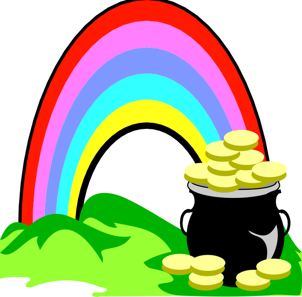 The image shows a cartoon depiction of an animal with coins on its head standing under a rainbow that has gold pieces at each end; there is also grass in front of it.