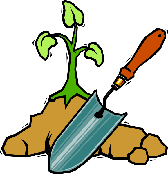 The image shows a cartoon of two shovels with handles pointing upwards next to an illustrated plant sprouting from soil on what appears to be a rocky surface; one handle is orange while the other has blue and green stripes, suggesting different types or brands of tools.