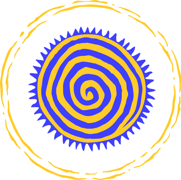 The image shows a stylized depiction of two spirals with blue centers against an orange background inside what appears to be a black circle on a darker backdrop.