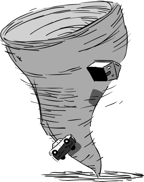 The black and white illustration shows a tornado with two cars on top of it, set against a dark background.