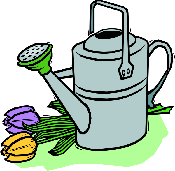 The illustration shows a watering can with spout open next to an old metal pitcher on top of which rests several garlic cloves; in front is a bunch of purple flowers partially obscured by these items, and behind them lies another similar flower arrangement that includes carrots among the blooms.