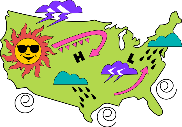 The image shows a stylized map of the United States with various weather conditions depicted: sunshine on California; rain in Washington state; clouds over New York; snowflakes falling near Alaska's top left corner, and lightning bolts above Florida.