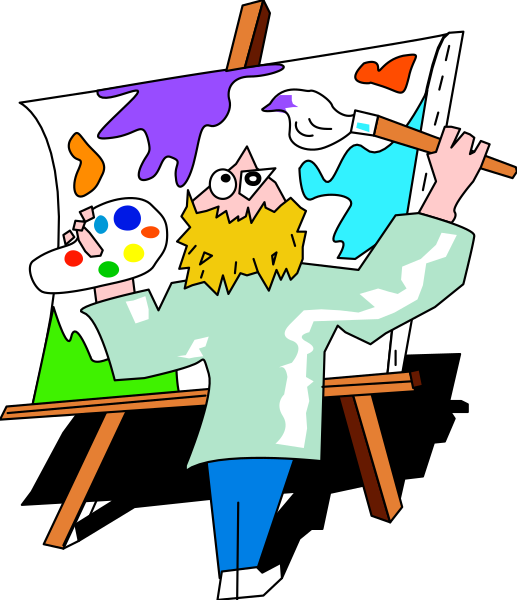 The cartoon depicts a man holding paintbrushes while standing next to an easel with various paintings on it; he is wearing glasses and has blonde hair.
