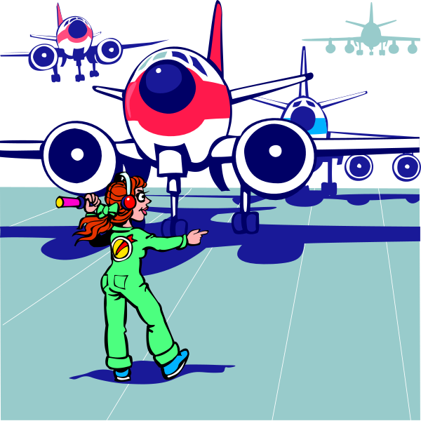The illustration depicts a young girl standing on an airport tarmac with several airplanes parked behind her; she is pointing at one of them while wearing headphones around her neck.