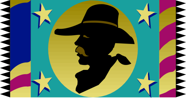 The image features a stylized graphic of an American flag with stars on it at its top left corner; superimposed over this is another smaller picture that appears to be a cartoon-like depiction, possibly representing John Wayne in his iconic cowboy attire and hat from the movie "The Alamo," standing against a backdrop resembling sunset or dusk.