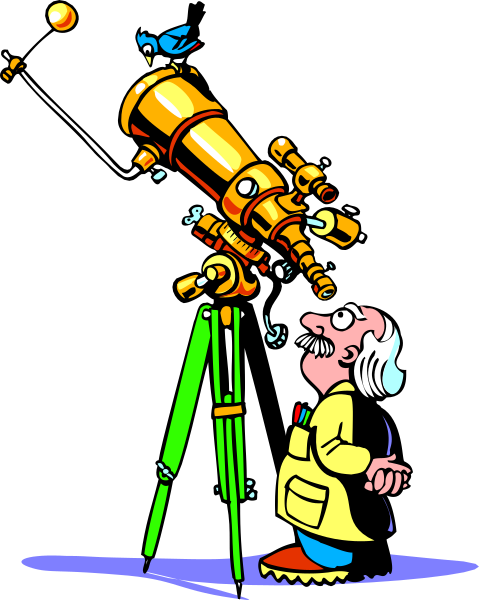 The illustration depicts a man standing next to an astronomical telescope with his head inside it as if looking through its eyepiece at something in space; there is also a bird perched on top of one side of the scope, and above them both floats another smaller celestial sphere.