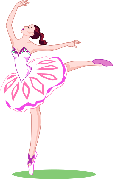 The image shows a cartoon of an animated ballerina with red hair performing ballet moves on stage while wearing pink tutu dresses in two different styles; one is full length and the other short skirted, both adorned with flowers at waist level.
