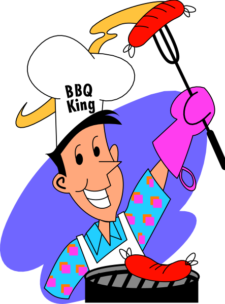 The cartoon depicts a chef with exaggerated features holding up his hat while cooking food on top of an oven.