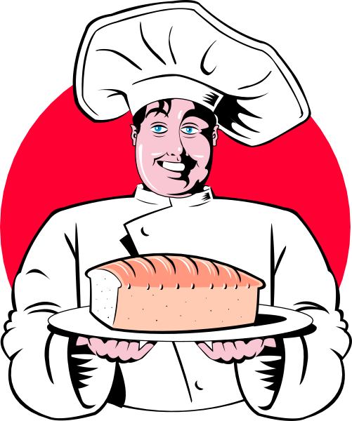 The illustration features a cartoon chef holding up an oversized loaf of bread with both hands while standing behind a counter in front of which is a sign that reads "Pizza Hut."