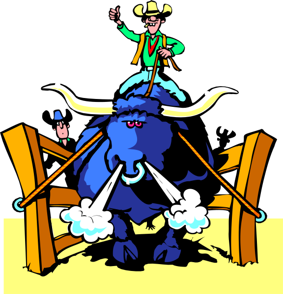 The cartoon shows a man riding on top of an animated buffalo with horns that is pulling two wooden posts apart in what appears to be a rodeo arena at nighttime under clear skies.