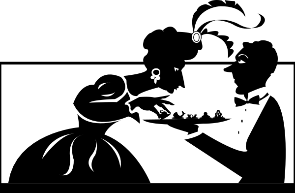 The black and white silhouette of a person sitting at a table with another figure standing behind them both; there is no text present in this image.