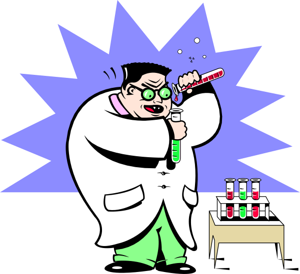 The cartoon depicts a scientist with glasses holding up an object that looks like a test tube to his face as if it's smelling something from it while standing in front of beakers on a table, and there is purple lightning behind him indicating some sort of experiment or discovery taking place.