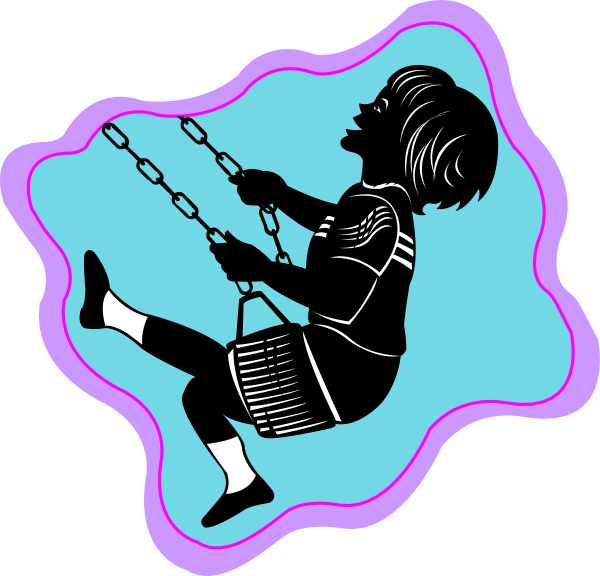 The image shows a cartoon of an animated girl swinging on a blue swing with her legs crossed over each other while holding onto chains attached to rings above her head.
