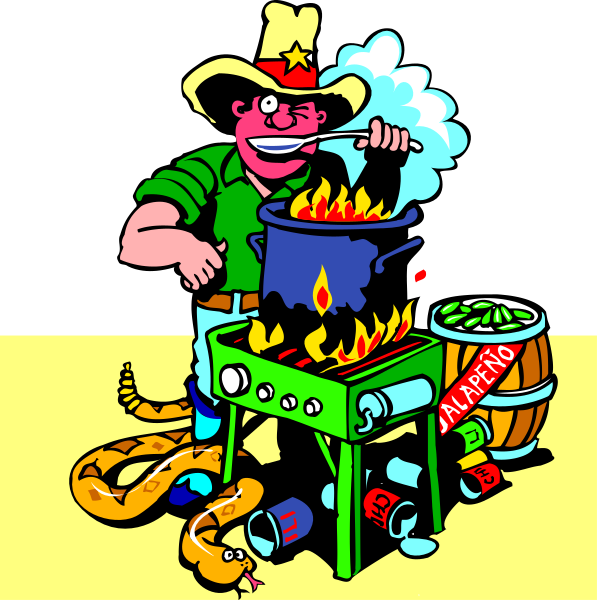 The cartoon depicts a man cooking on an outdoor grill with flames coming from it; he is wearing cowboy attire including boots, jeans, hat, vest, and sunglasses while holding tongs over his shoulder.