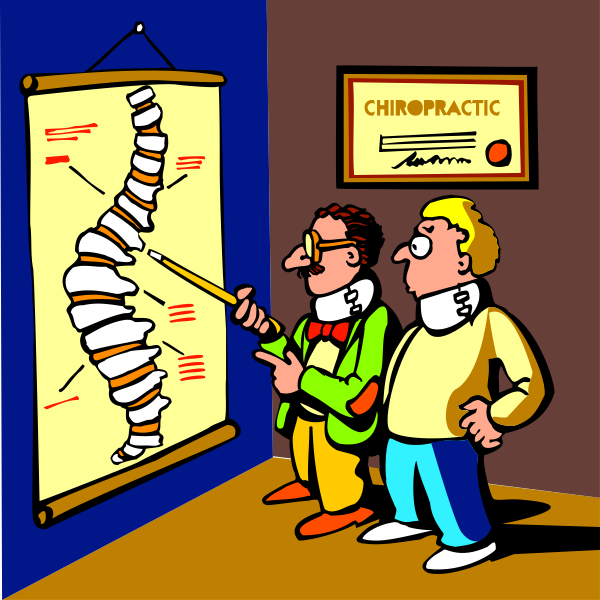 The illustration depicts two animated characters standing next to a large diagram of an unraveled spiral on display in what appears to be a museum exhibit labeled "CHIROPRACTIC." One character is pointing at various parts of the model with their finger, while holding up another object that looks like it could represent vertebrae or bones. The other figure seems intrigued by this demonstration and has glasses on top of its head. They are standing in front of a sign labeled "CHIROPRACTIC" which is mounted above the diagram. In the background