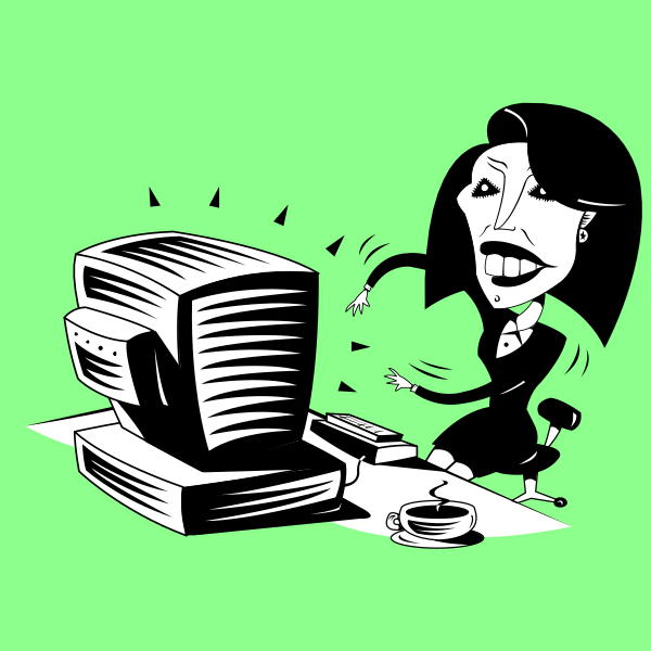 The cartoon depicts a woman with exaggerated features sitting at her desk using an old computer monitor while holding up two fingers in front of it as if she's making a point or gesture.